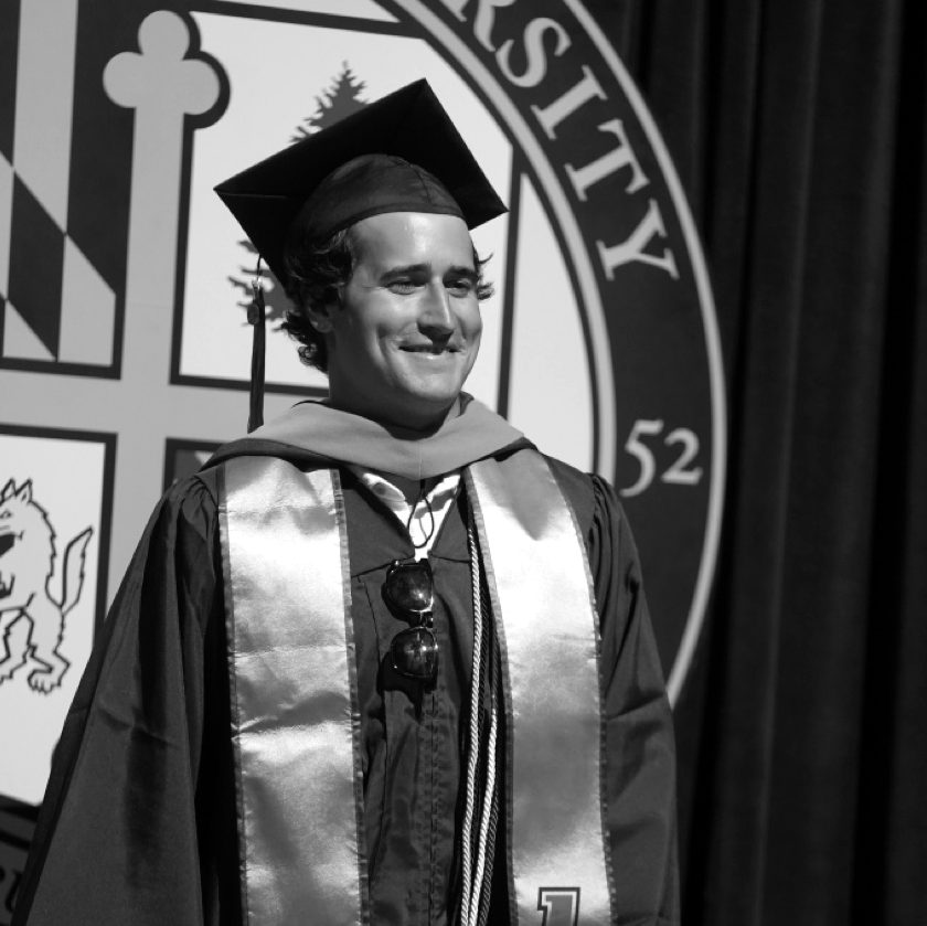 Billy Malone at Loyola University Maryland commencement, wearing the student athlete stole